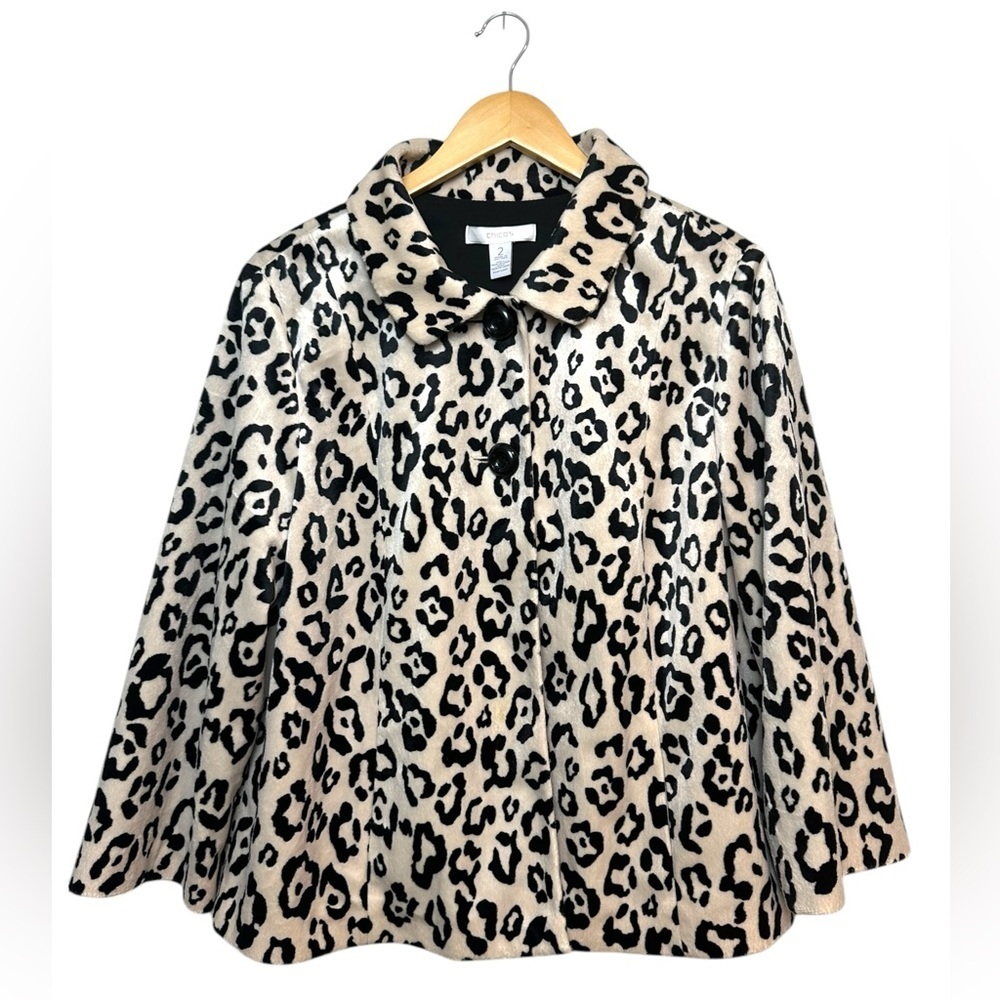 Chicos Animal Print Faux Fur Jacket Womens Size 2 / Medium Soft Classy